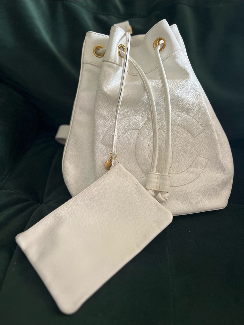 Vintage CHANEL Timeless Drawstring Sling Crossbody Backpack Caviar Medium White - Picture 8 of 15